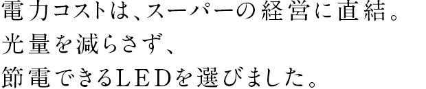 電力コストは、スーパーの経営に直結。光量を減らさず、節電できるLEDを選びました。